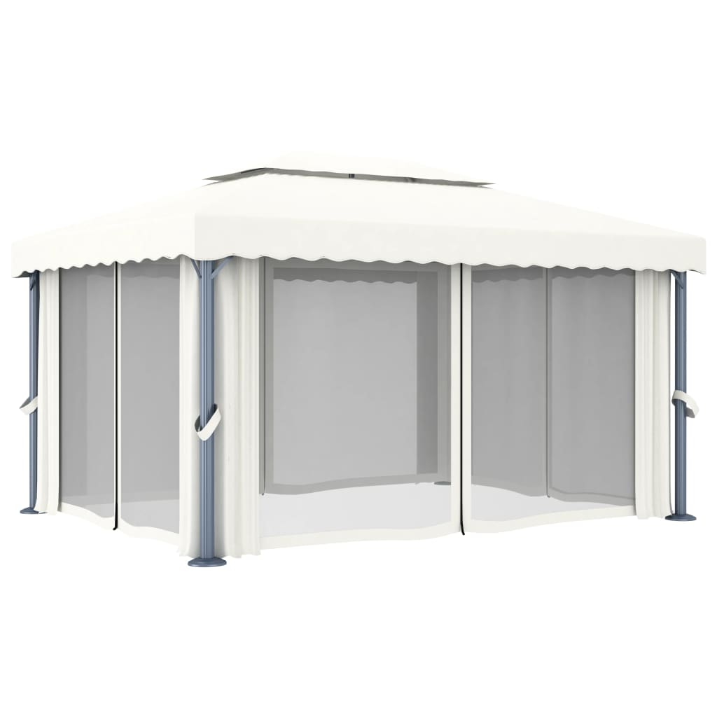 vidaXL Paviljong med gardin og LED-strenglys 4x3 m kremhvit