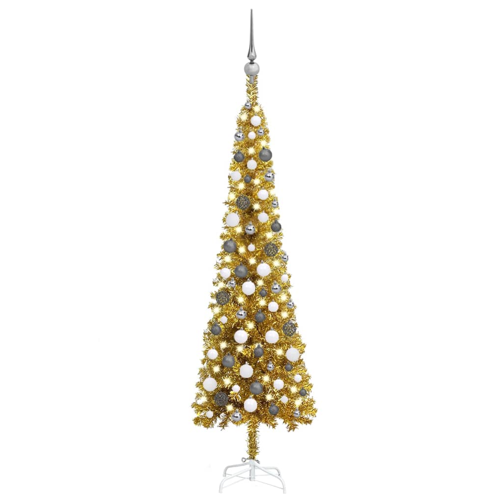 vidaXL Forhåndsbelyst slankt juletre med kulesett gull 150 cm