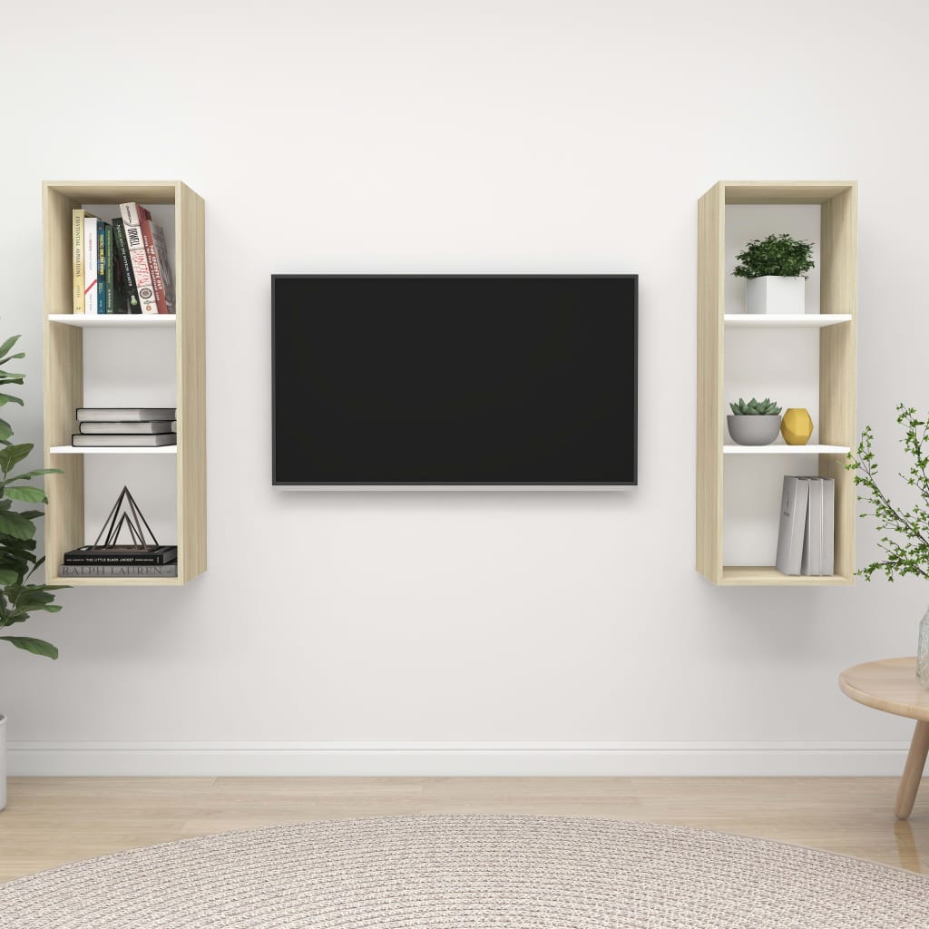 vidaXL Vegghengte TV-benker 2 stk hvit og sonoma eik sponplate