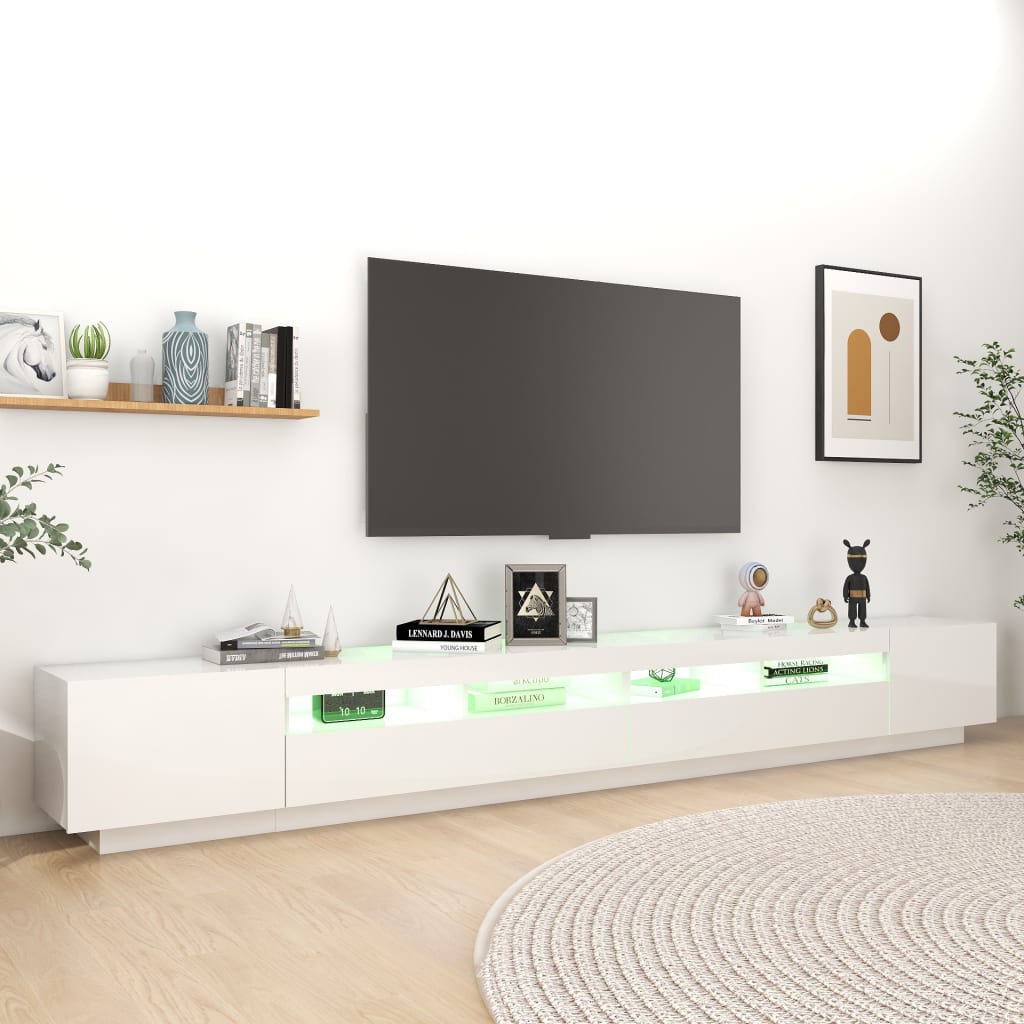 vidaXL TV-benk med LED-lys høyglans hvit 300x35x40 cm
