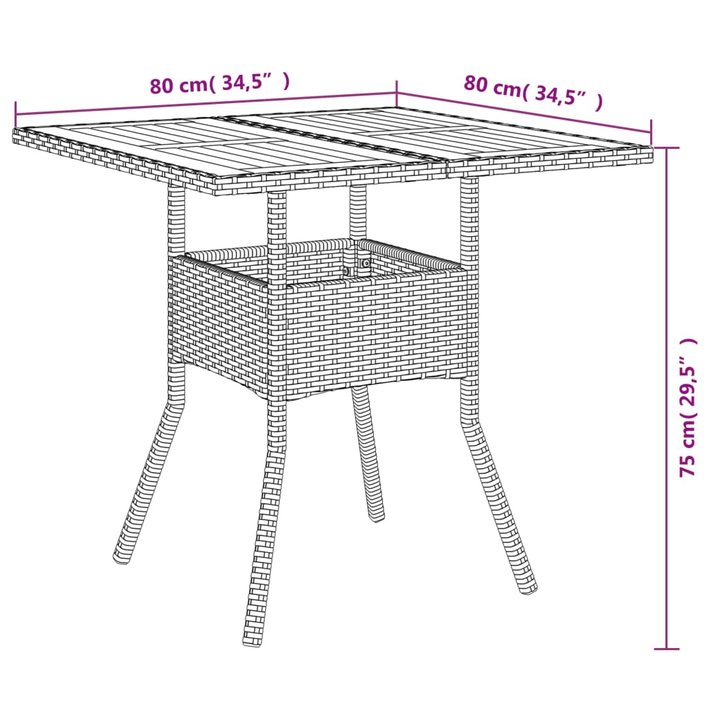 vidaXL Hagebord med topp i akasie grå 80x80x75 cm polyrotting