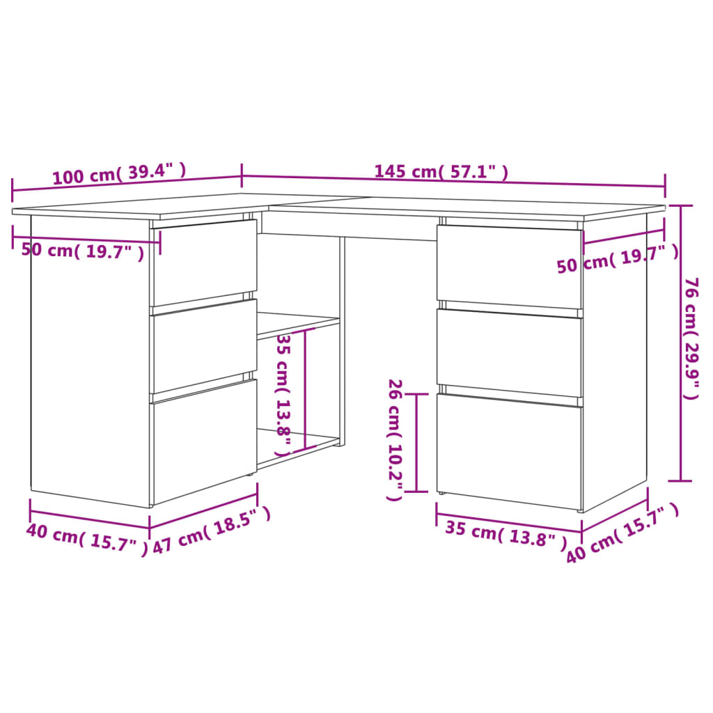 vidaXL Hjørneskrivebord høyglans grå 145x100x76 cm sponplate