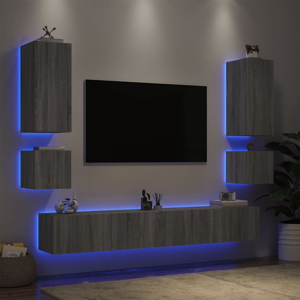 vidaXL Vegghengte TV-benker med LED 6 stk grå sonoma