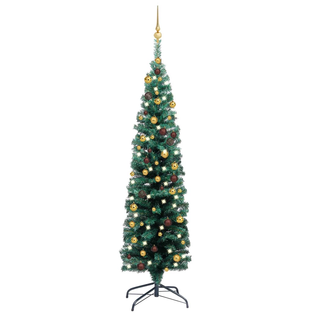 vidaXL Slankt kunstig juletre med LED og kulesett grønn 150 cm