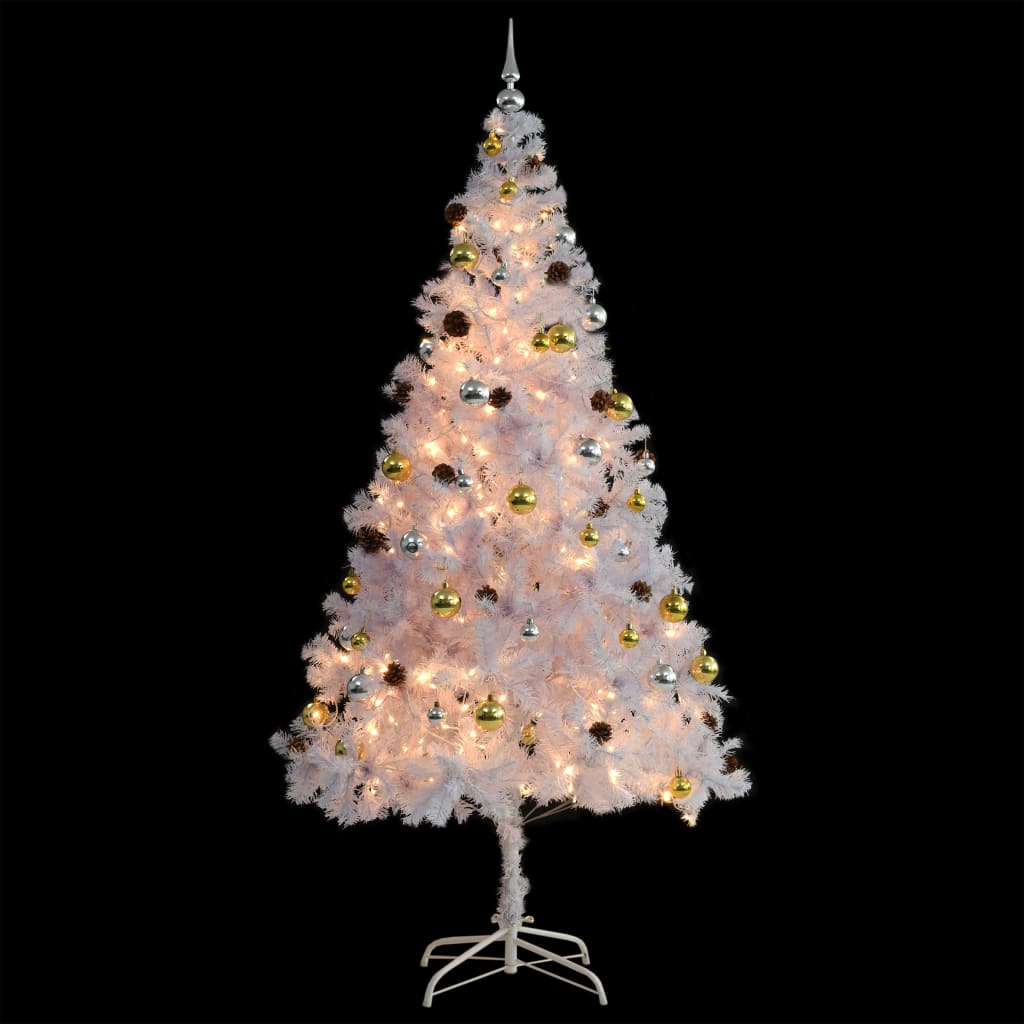 vidaXL Kunstig juletre med kuler og lysdioder hvit 210 cm