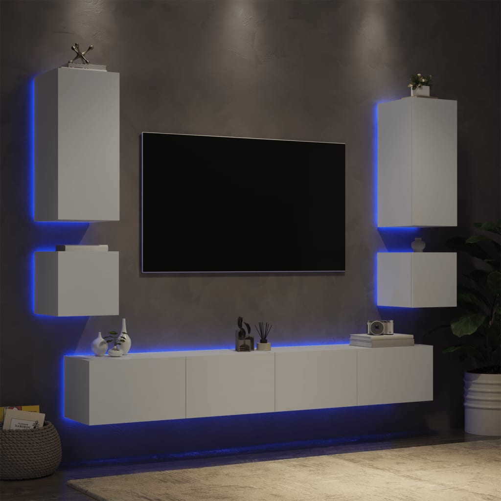 vidaXL Vegghengte TV-benker med LED 6 stk hvit
