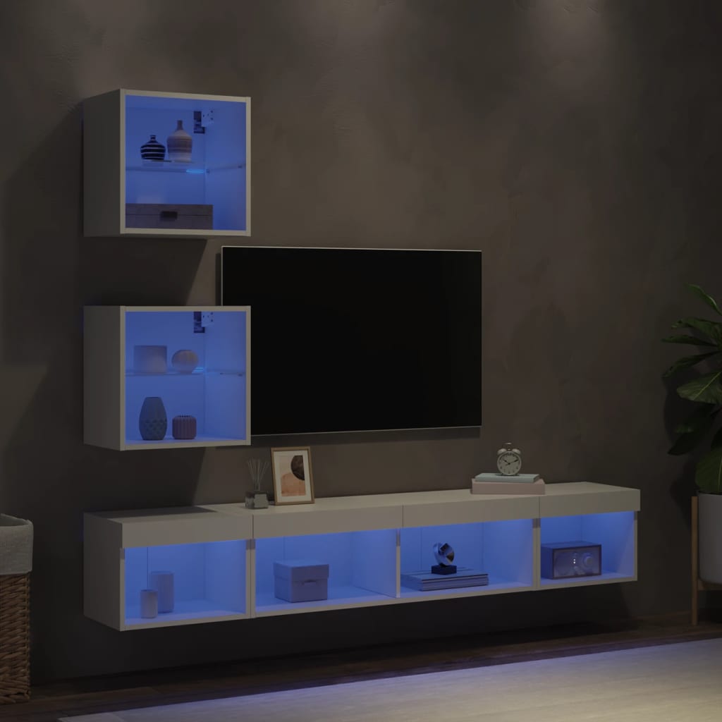 vidaXL Vegghengte TV-enheter med LED 5 deler hvit konstruert tre