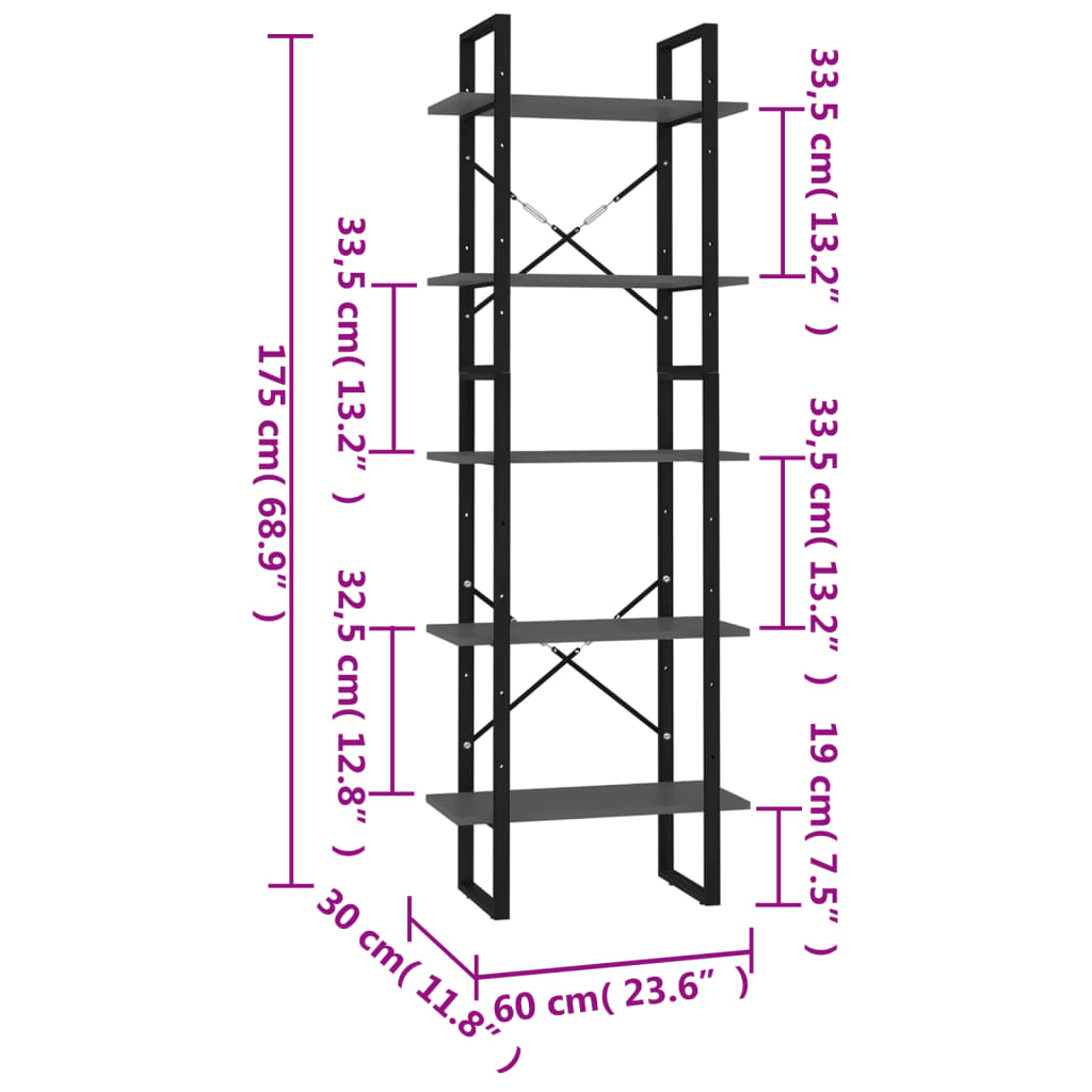 vidaXL Bokhylle 5 nivåer grå 60x30x175 cm konstruert tre