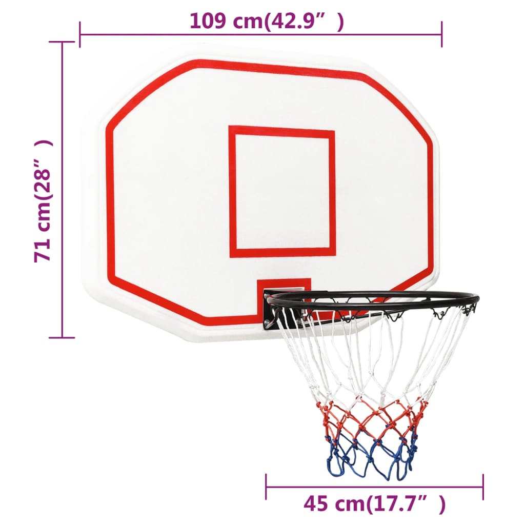 vidaXL Bakplate for basketballkurv hvit 109x71x3 cm polyeten
