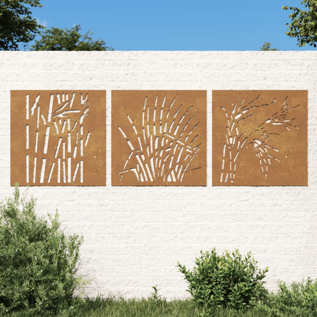 vidaXL Veggdekorasjoner til hage 3 stk 55x55 cm cortenstål gressdesign