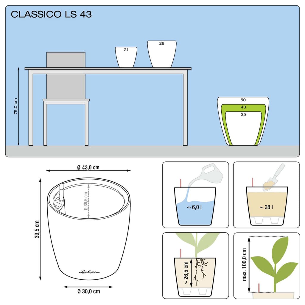 LECHUZA Plantekasse CLASSICO LS 43 ALL-IN-ONE høyglans hvit 16080