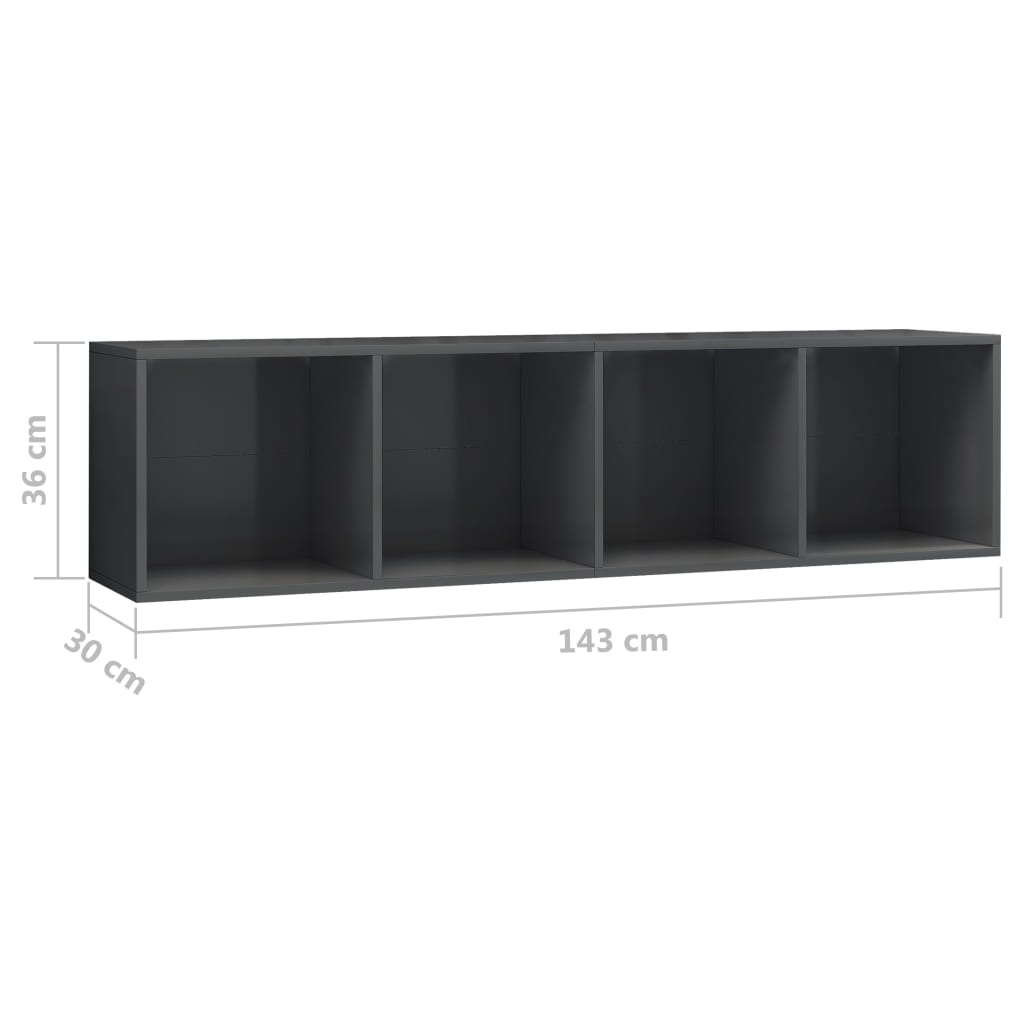 vidaXL Bokhylle/TV-benk høyglans grå 143x30x36 cm