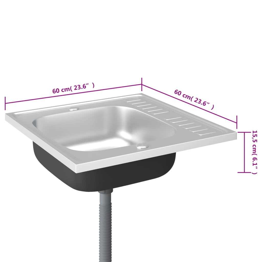 vidaXL Kjøkkenvask med avløpssett sølv 600x600x155 mm rustfritt stål