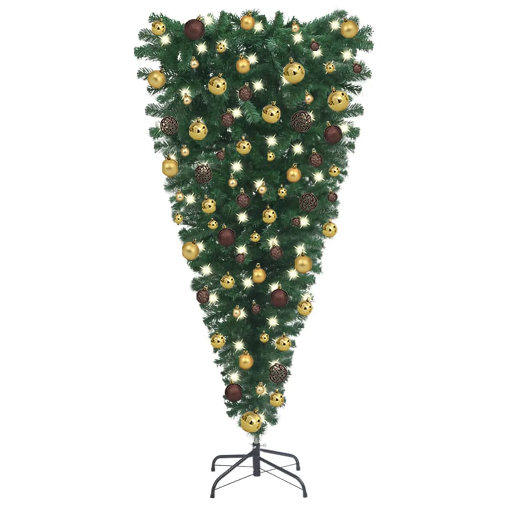 vidaXL Forhåndsbelyst kunstig opp-ned juletre med kulesett 150 cm