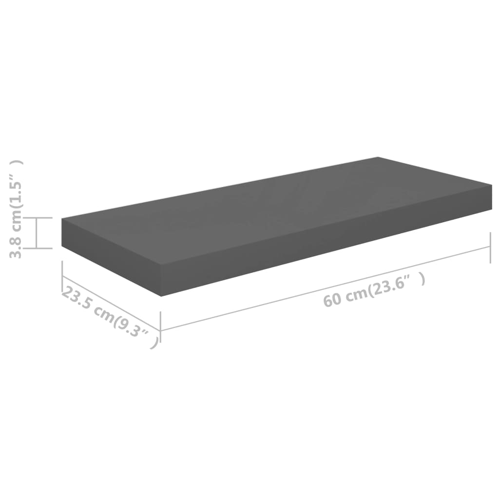 vidaXL Flytende vegghylle høyglans grå 60x23,5x3,8 cm MDF