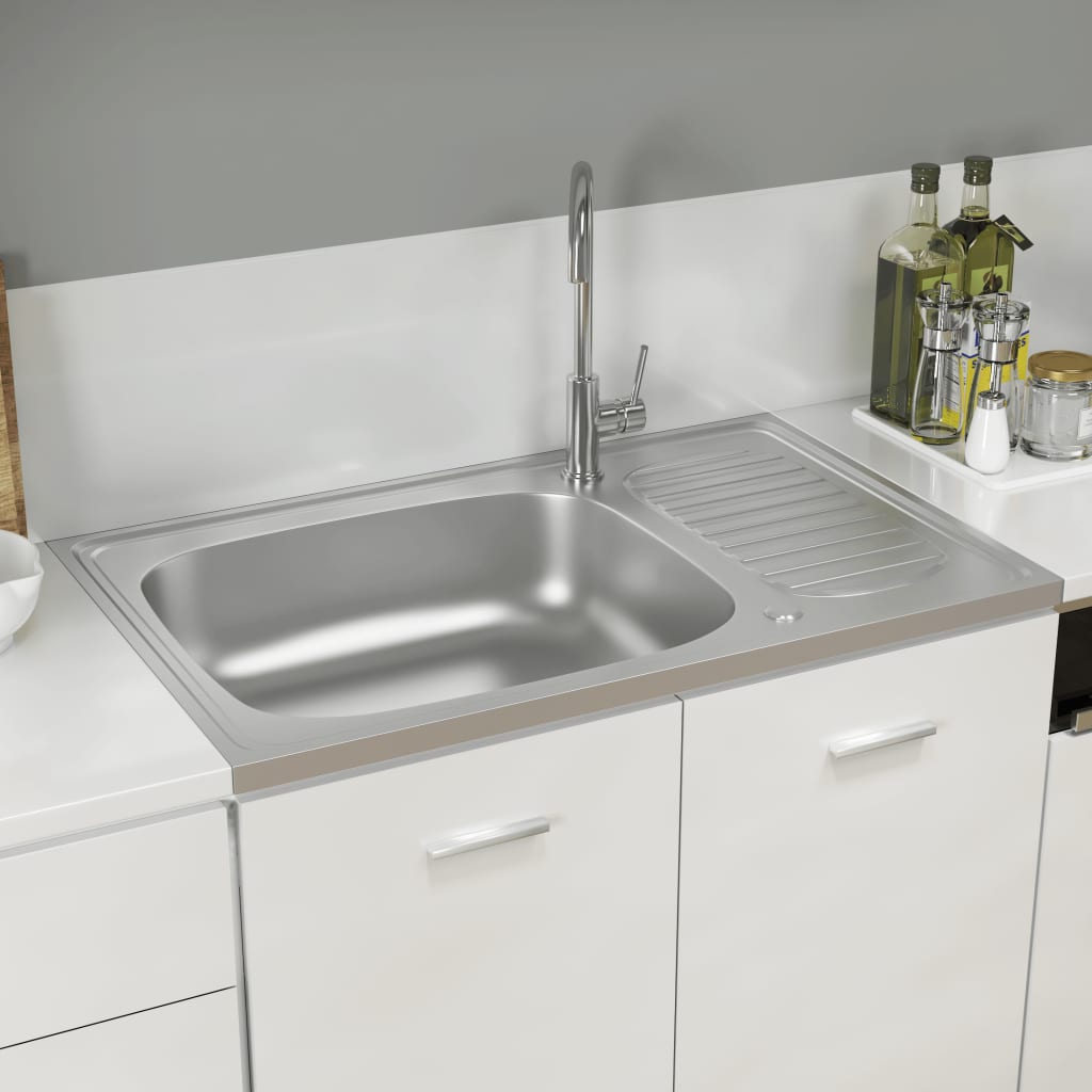 vidaXL Kjøkkenvask med avrenning sølv 800x600x155 mm rustfritt stål