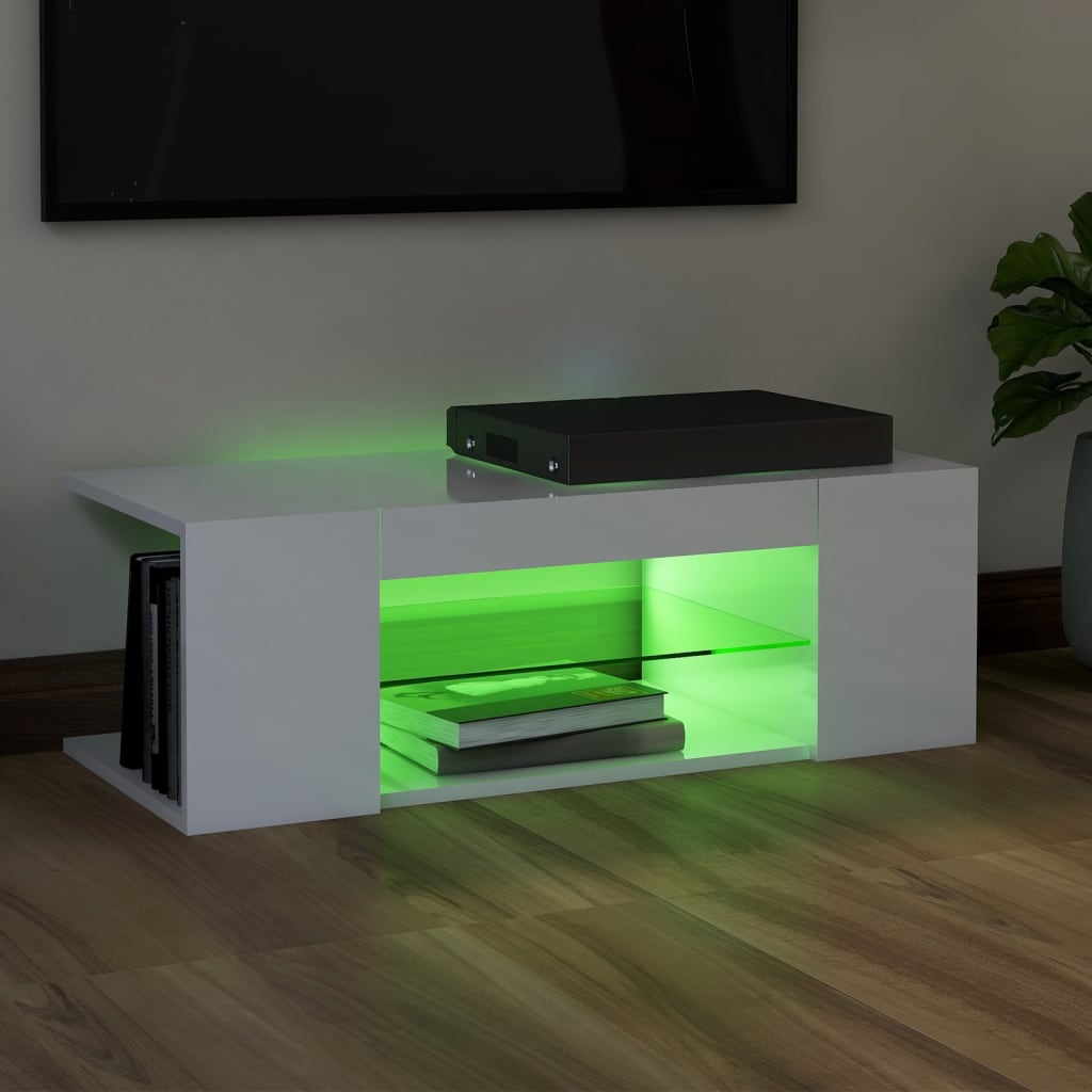 vidaXL TV-benk med LED-lys høyglans hvit 90x39x30 cm