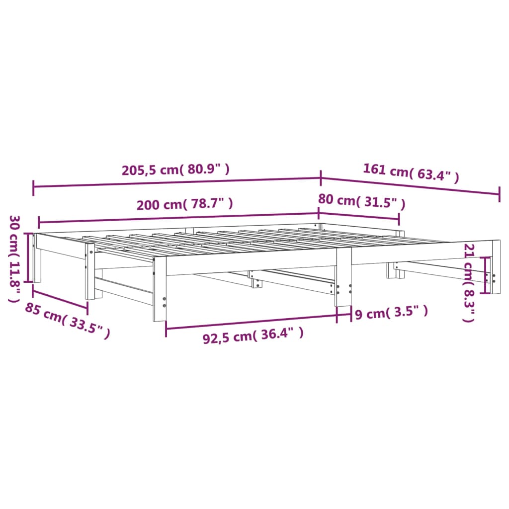 vidaXL Uttrekkbar dagseng 2x(80x200) cm heltre furu