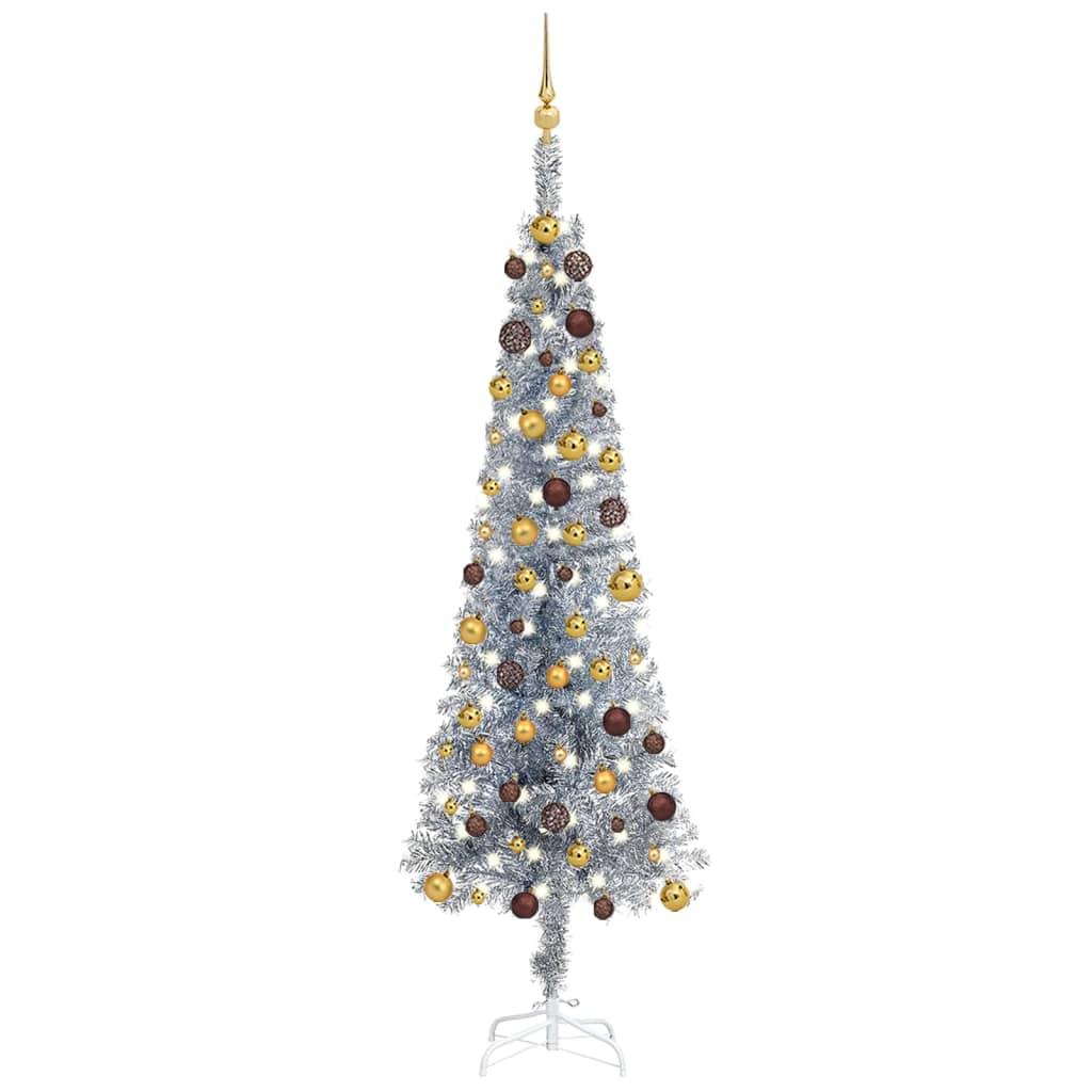 vidaXL Slankt juletre med LED og kulesett sølv 210 cm