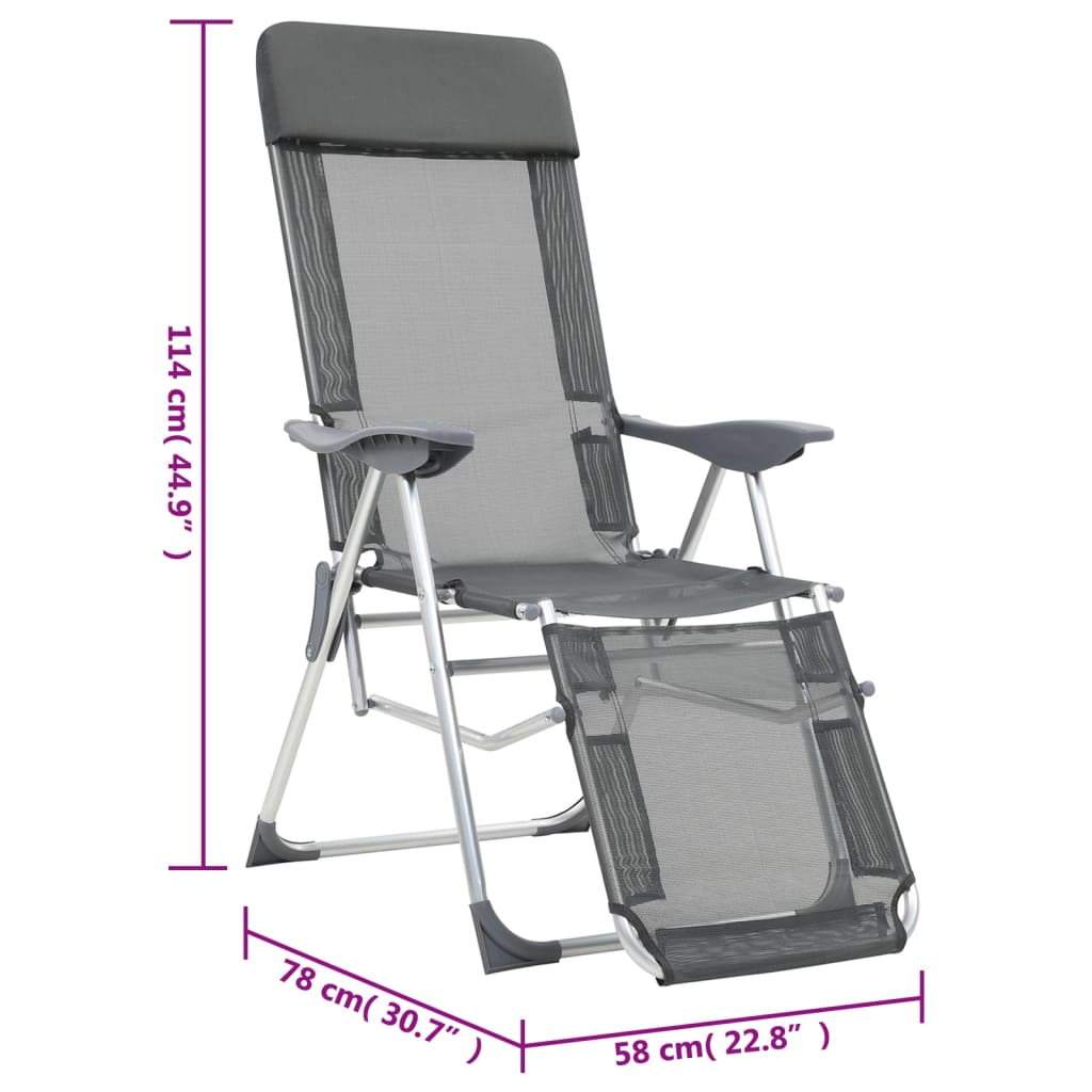 vidaXL Sammenleggbare campingstoler med fotstøtter 2 stk grå textilene