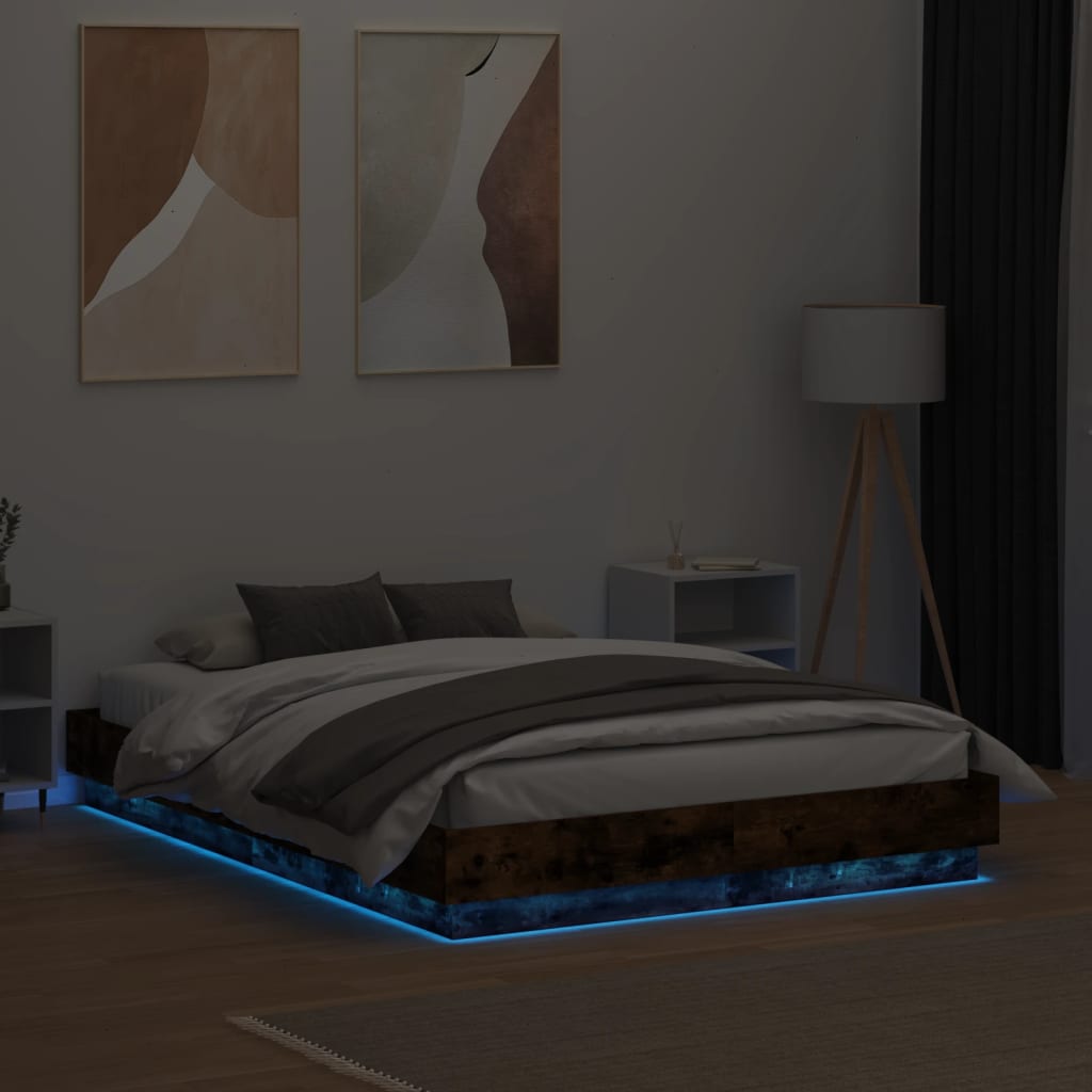 vidaXL Sengeramme med LED-lys røkt eik 120x190 cm