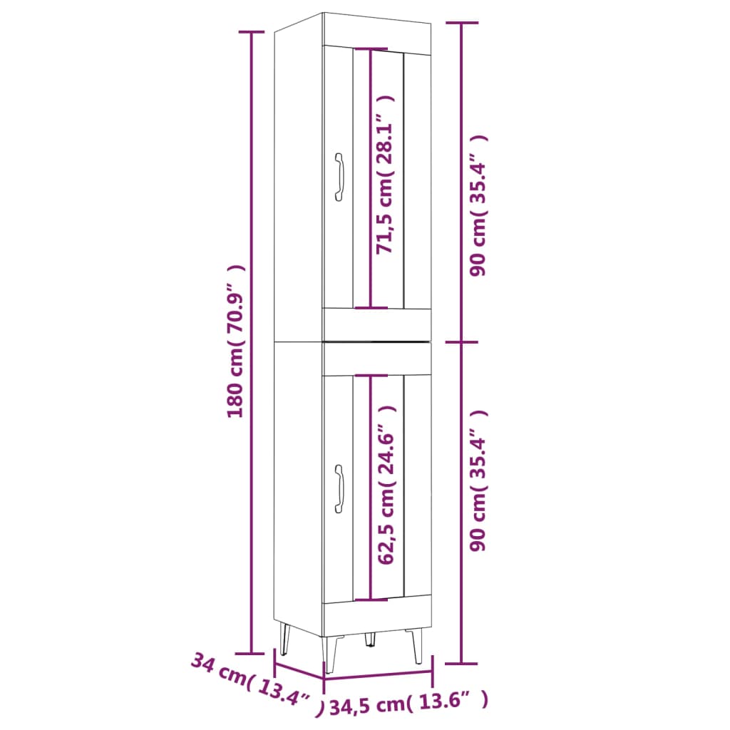 vidaXL Highboard betonggrå 34,5x34x180 cm konstruert tre