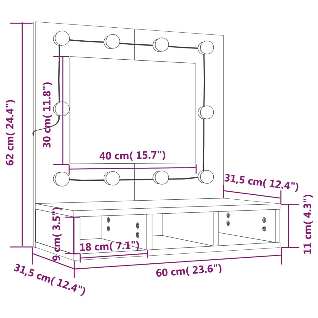 vidaXL Speilskap med LED grå sonoma 60x31,5x62 cm