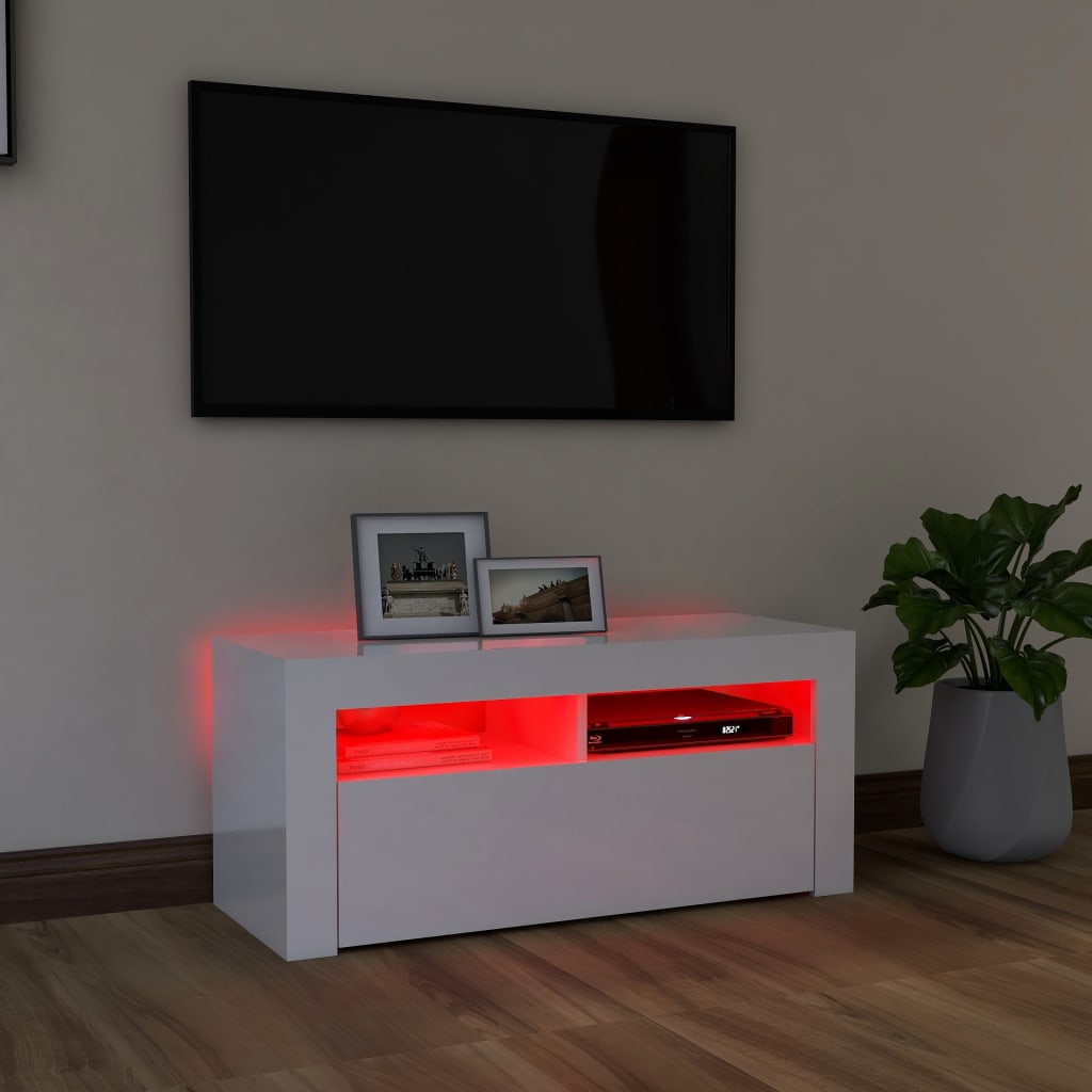 vidaXL TV-benk med LED-lys høyglans hvit 90x35x40 cm