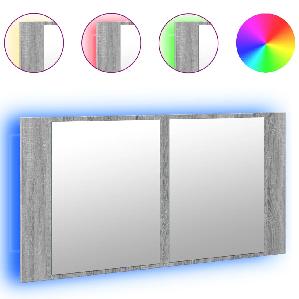 vidaXL LED-speilskap til baderom grå sonoma 90x12x45 cm akryl