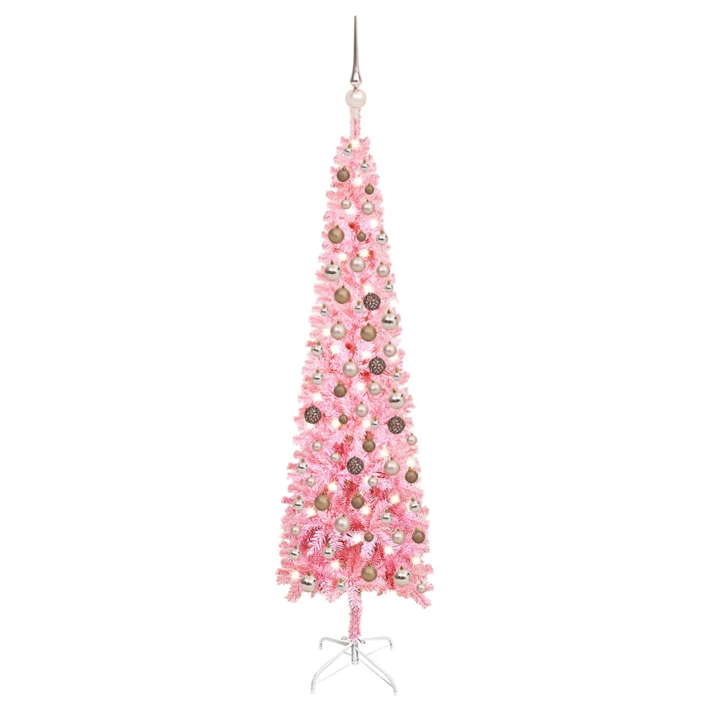vidaXL Slankt juletre med LED og kulesett rosa 150 cm