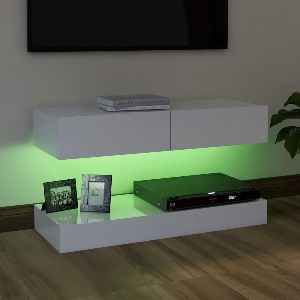 vidaXL TV-benk med LED-lys høyglans hvit 90x35 cm