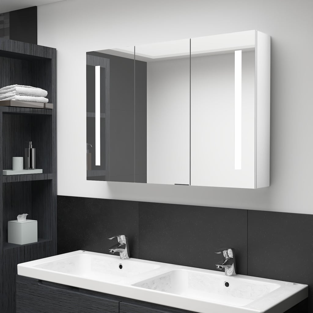 vidaXL LED-speilskap til bad 89x14x62 cm skinnende hvit