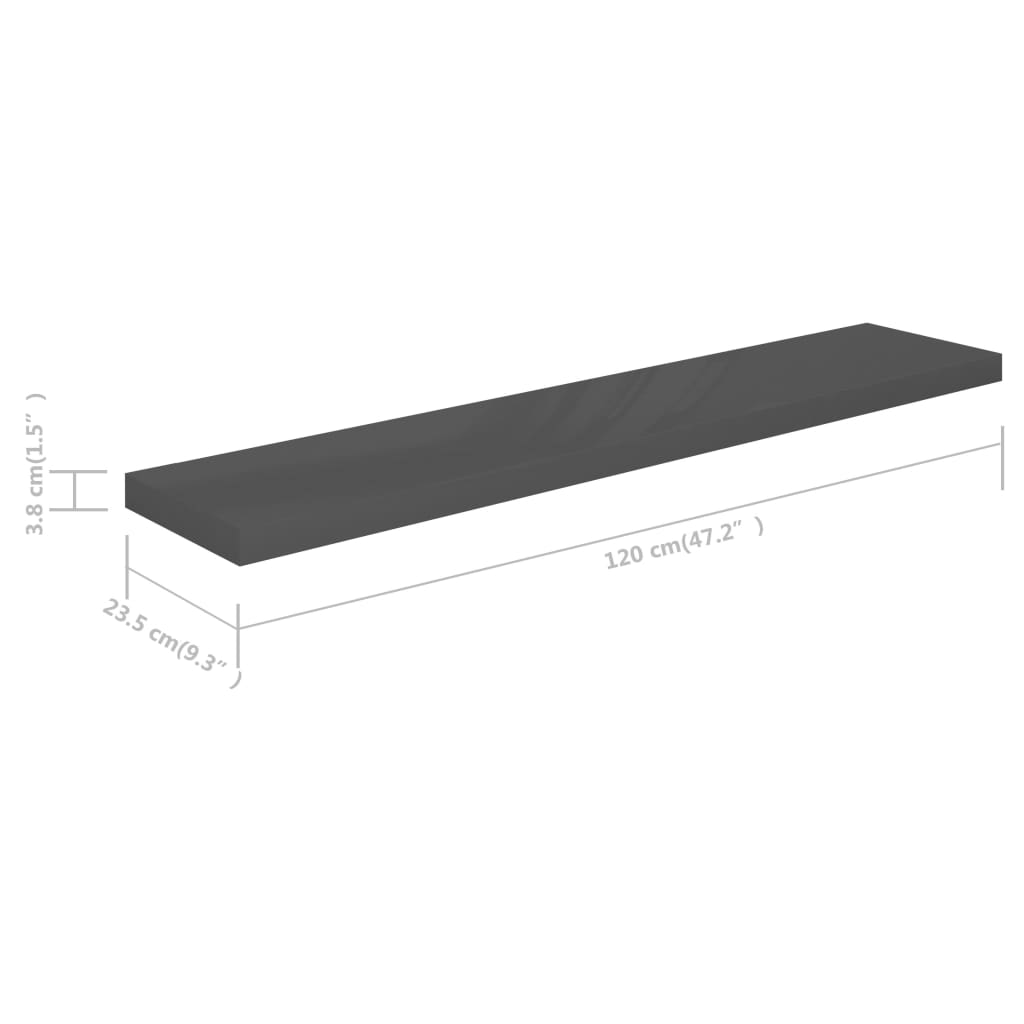 vidaXL Flytende vegghyller 4 stk høyglans grå 120x23,5x3,8 cm MDF