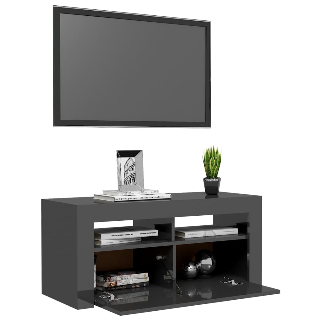 vidaXL TV-benk med LED-lys høyglans grå 90x35x40 cm