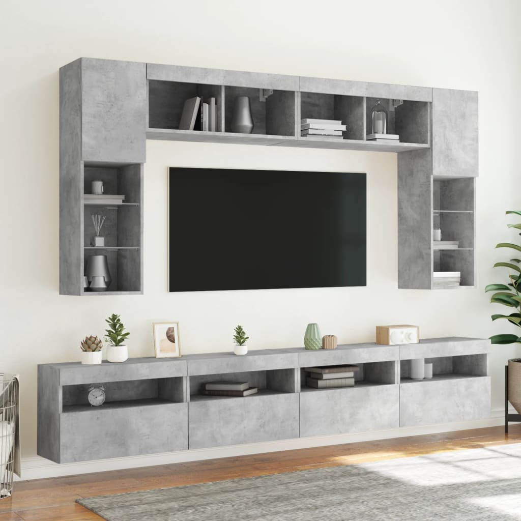 vidaXL Vegghengte TV-benker med LED 8 stk betonggrå