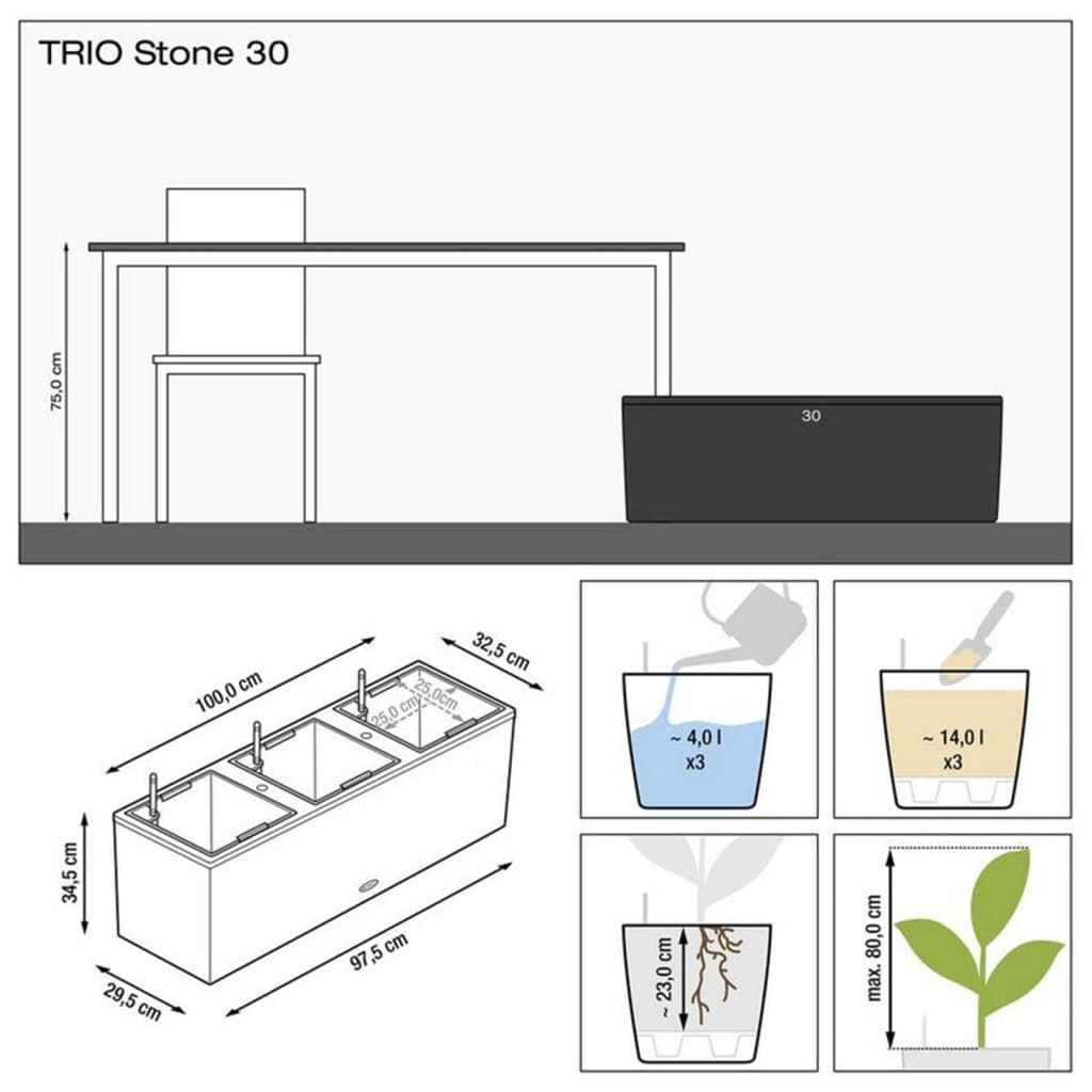 LECHUZA Plantekasse TRIO Stone 30 ALL-IN-ONE grafittsvart