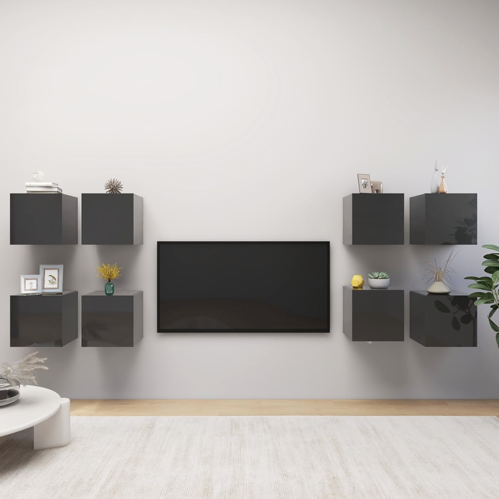 vidaXL Vegghengte TV-benker 8 stk høyglans grå 30,5x30x30 cm