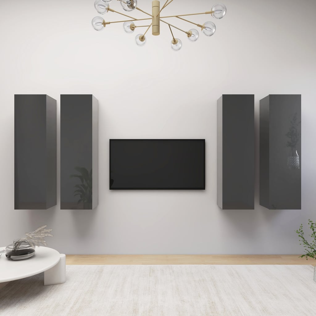 vidaXL TV-benker 4 stk høyglans grå 30,5x30x110 cm sponplate