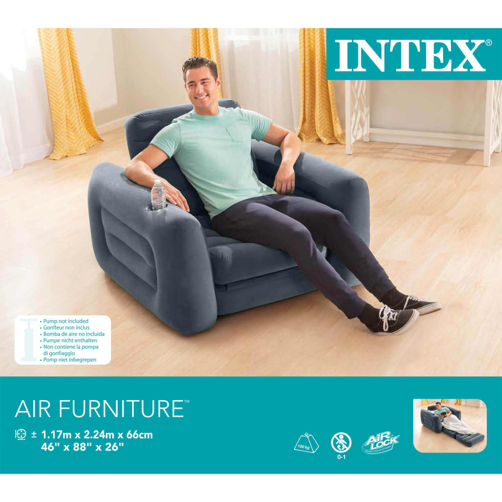 Intex Oppblåsbar stol 117x224x66 cm mørkegrå