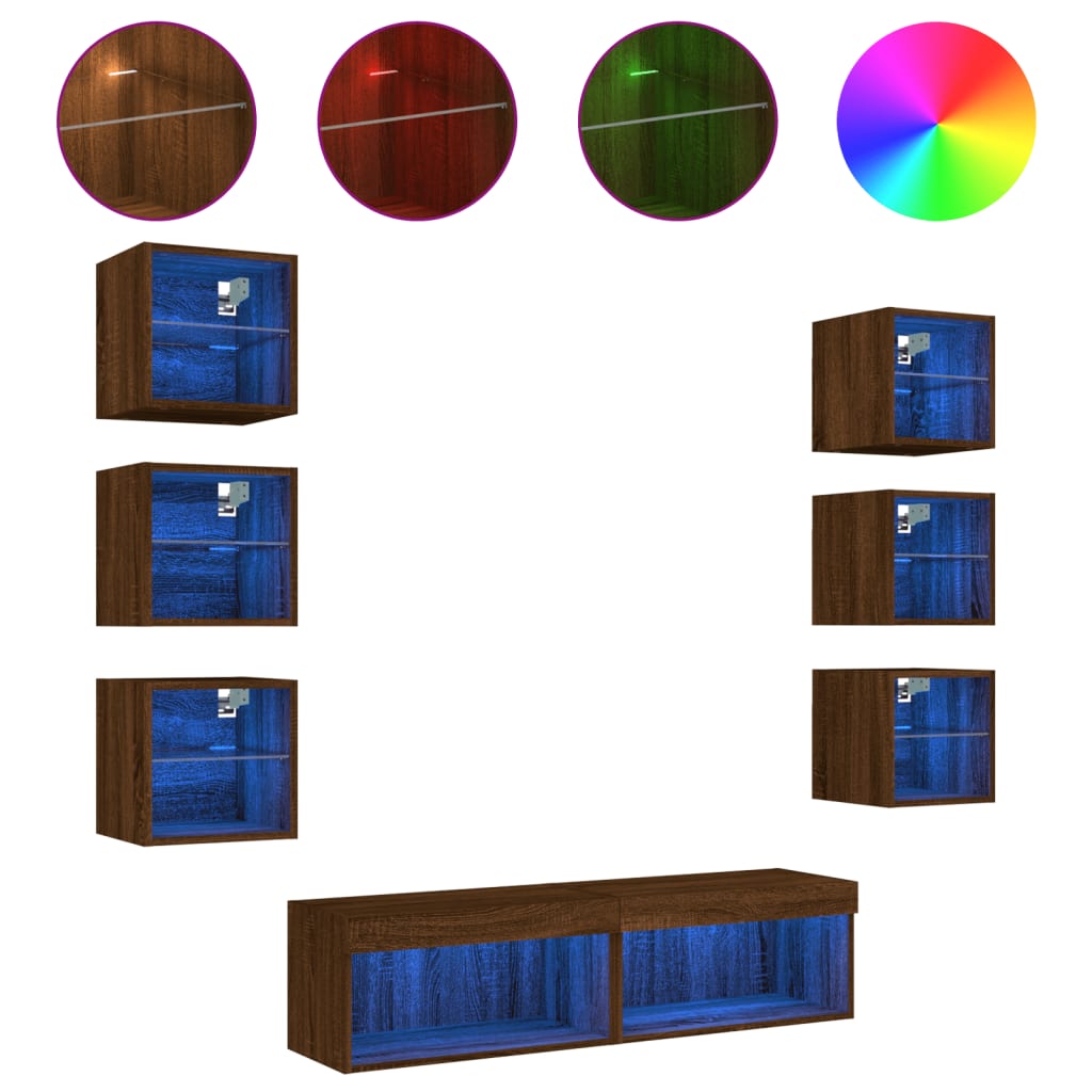 vidaXL Vegghengte TV-enheter med LED 8 deler brun eik konstruert tre