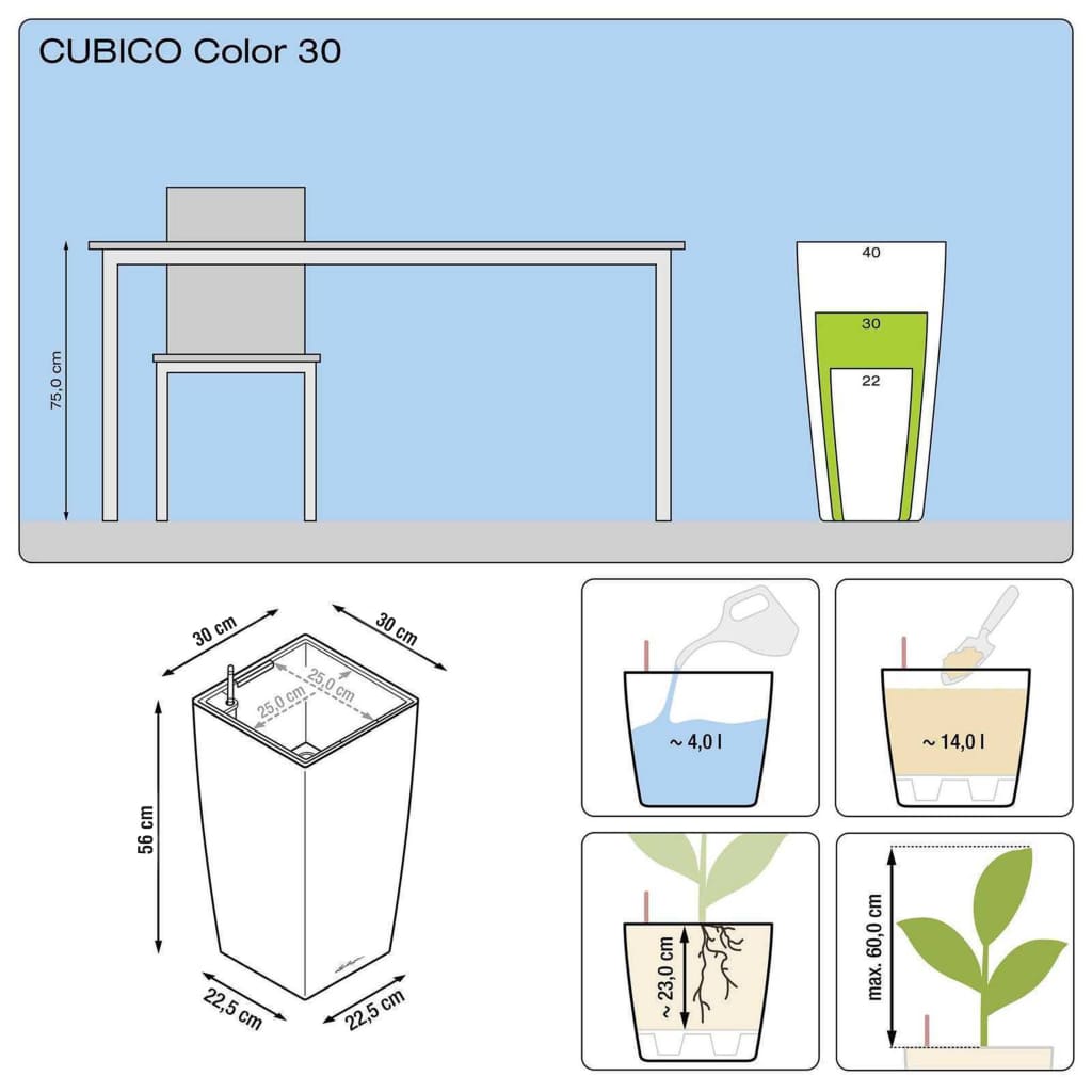 LECHUZA Plantekasse Cubico Color 30 ALL-IN-ONE hvit 13130