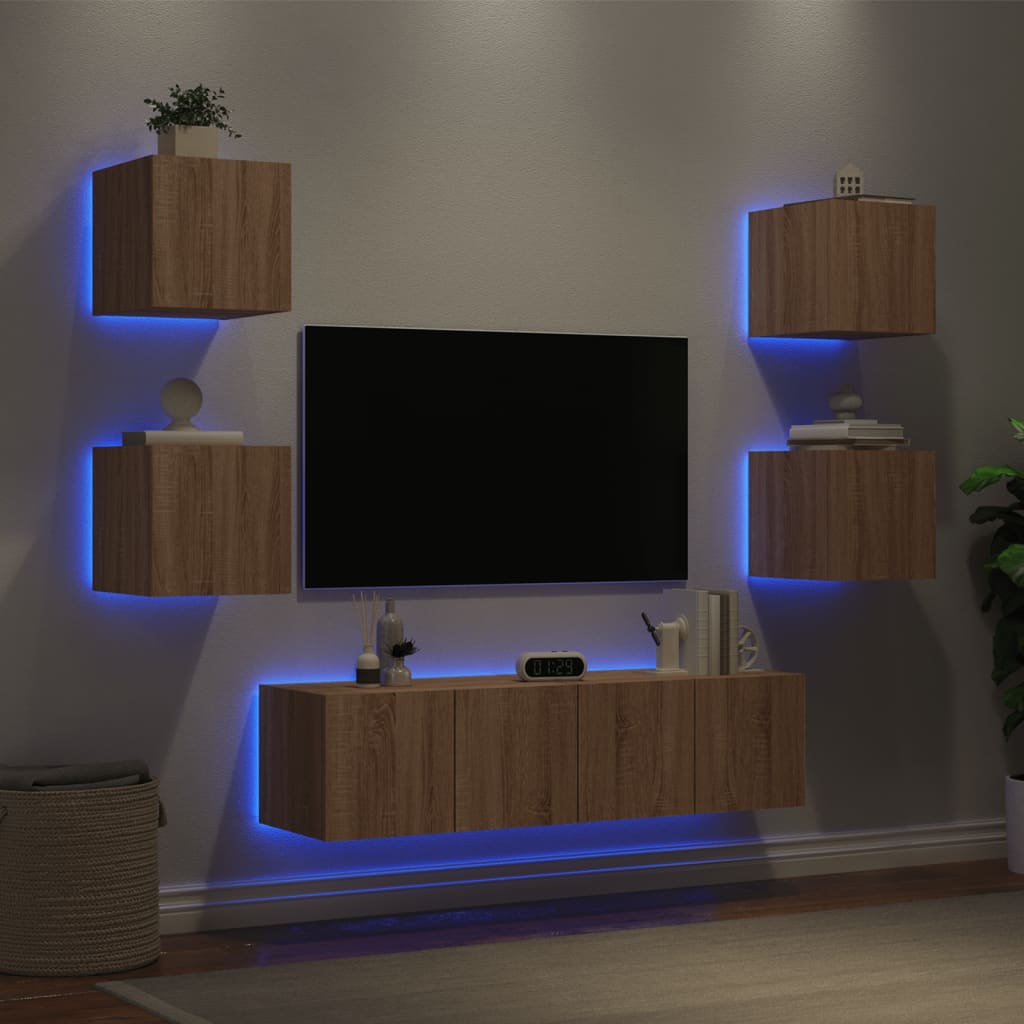 vidaXL Vegghengte TV-enheter med LED 6 deler sonoma eik konstruert tre