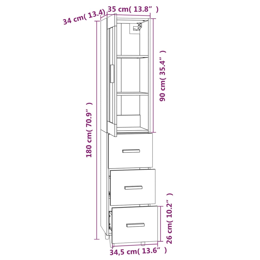 vidaXL Highboard høyglans hvit 35x34x180 cm konstruert tre