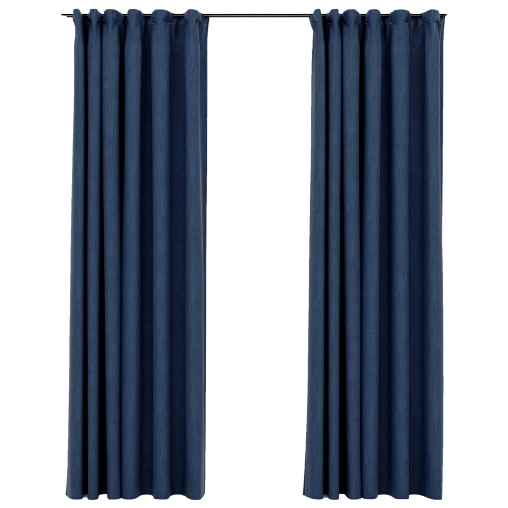 vidaXL Lystette gardiner med kroker og lin-design 2 stk blå 140x225 cm