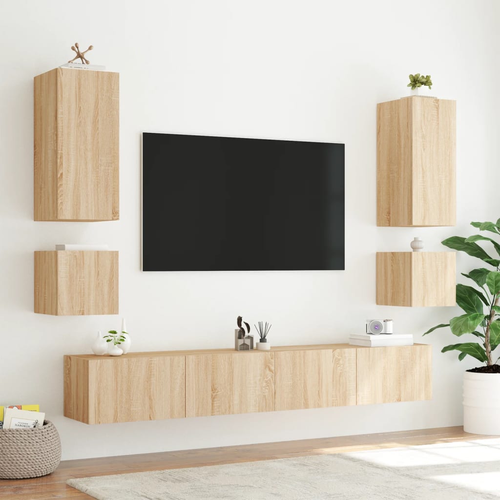 vidaXL Vegghengte TV-benker med LED 2 stk sonoma eik 40,5x35x40 cm