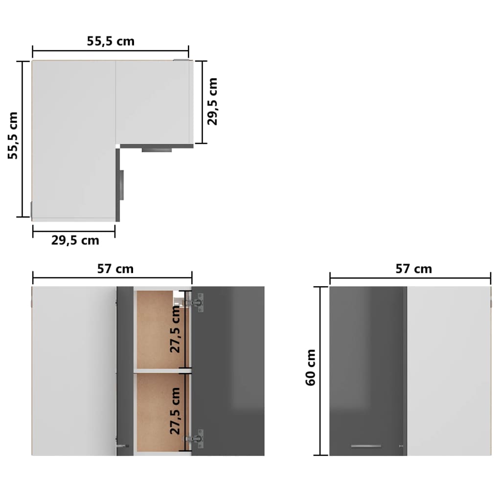 vidaXL Hengende hjørneskap høyglans grå 57x57x60 cm sponplate