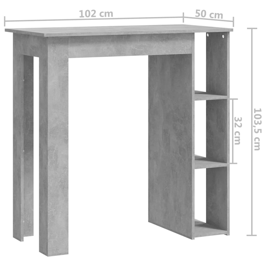 vidaXL Barbord med hylle betonggrå 102x50x103,5 cm sponplate