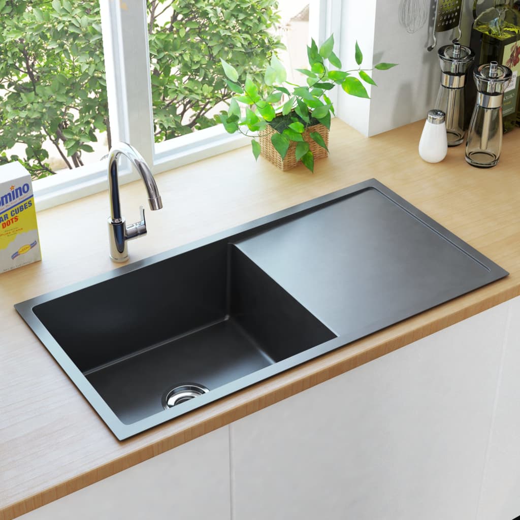 vidaXL Håndlaget kjøkkenvask med sil svart rustfritt stål