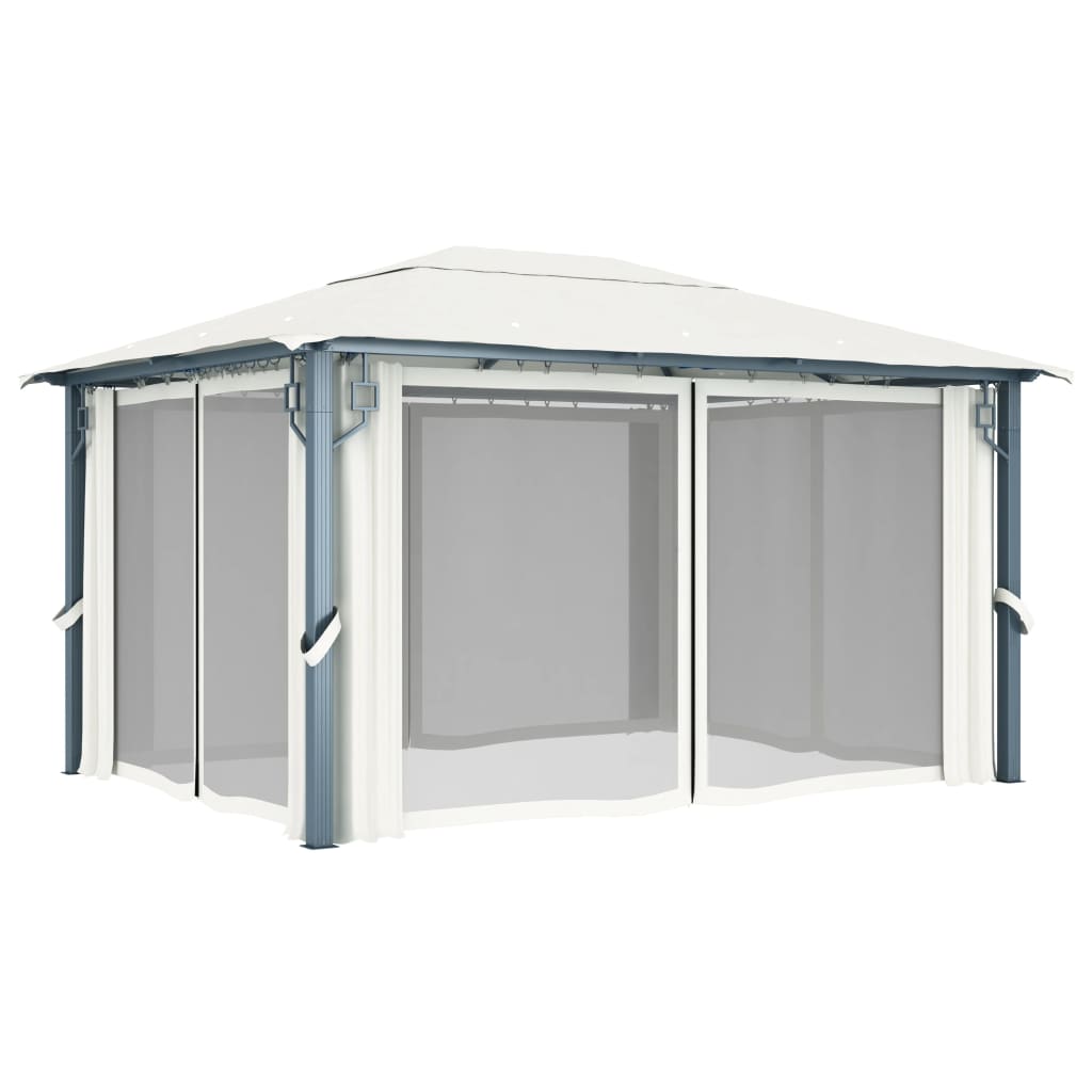 vidaXL Paviljong med gardin og LED-strenglys 4x3 m krem aluminium
