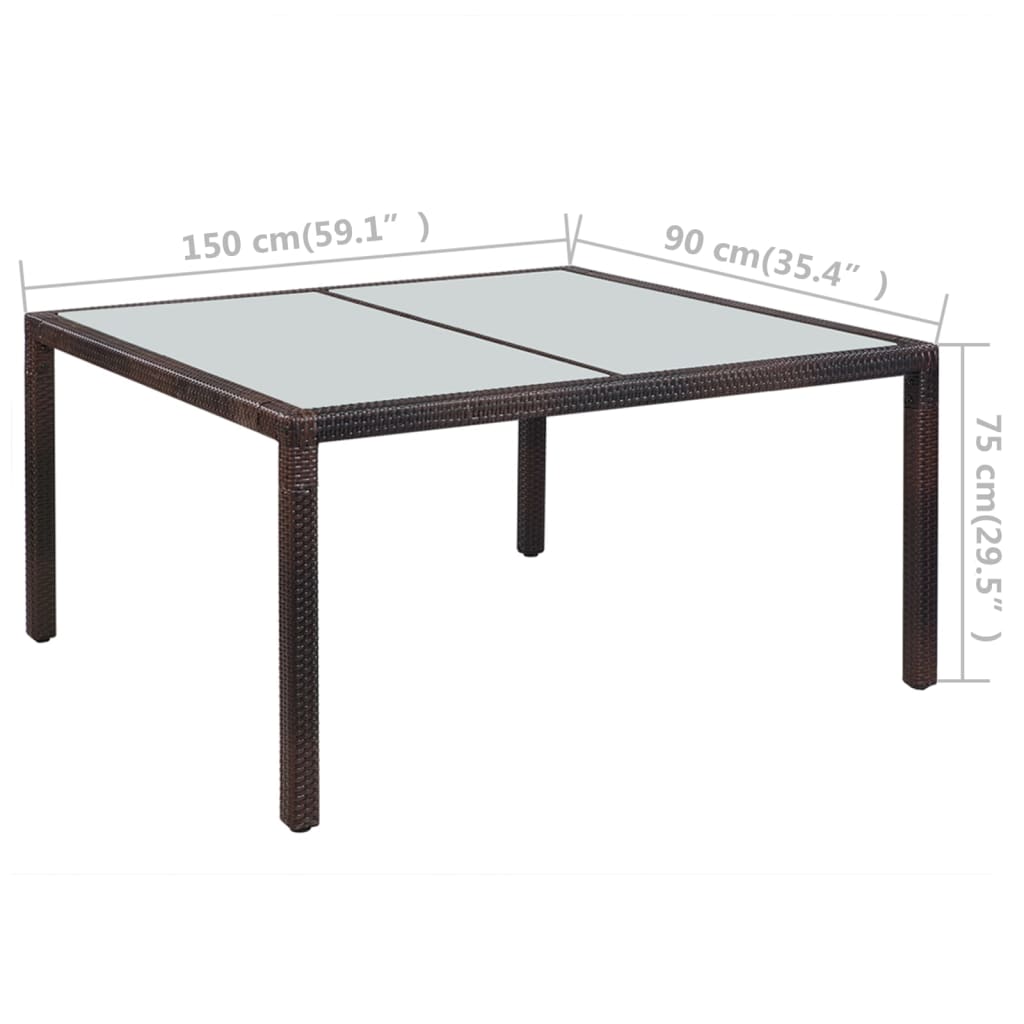 vidaXL Hagebord 150x90x75 cm brun polyrotting og glass